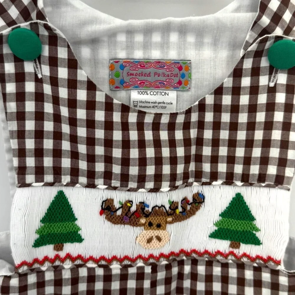 Smocked PolikaDot Brown & White Gingham Christmas Baby Romper 12mth‎